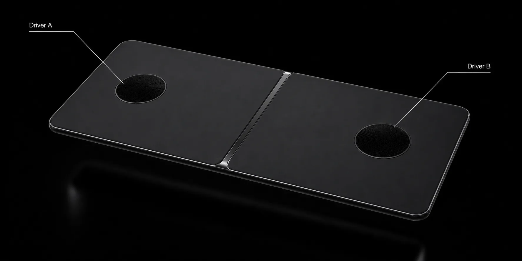 Neruma speaker pod with the left and right near-ear drivers labeled Driver A and Driver B