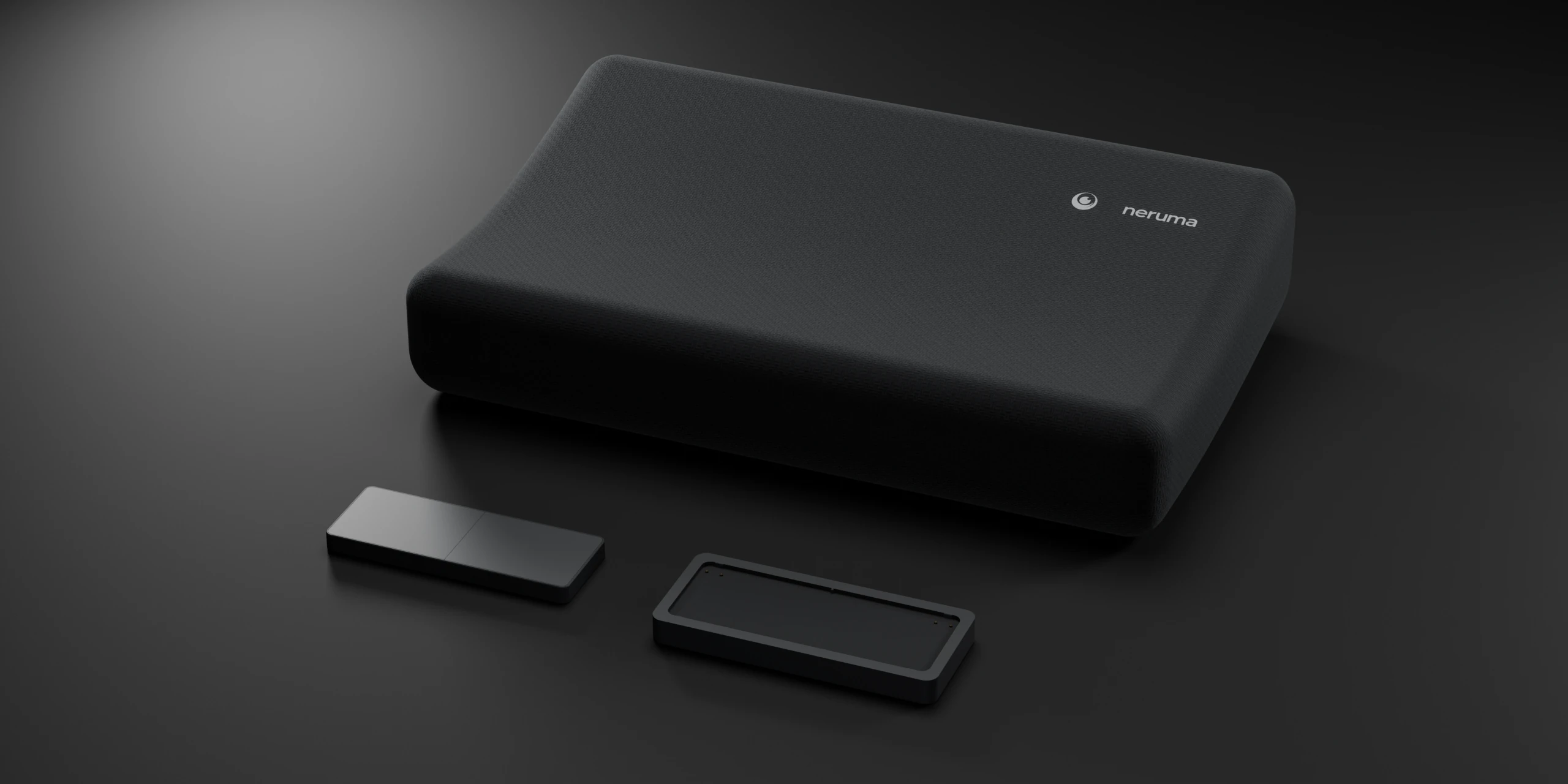 Rendering of the neruma pillow with its audio pod and charging dock