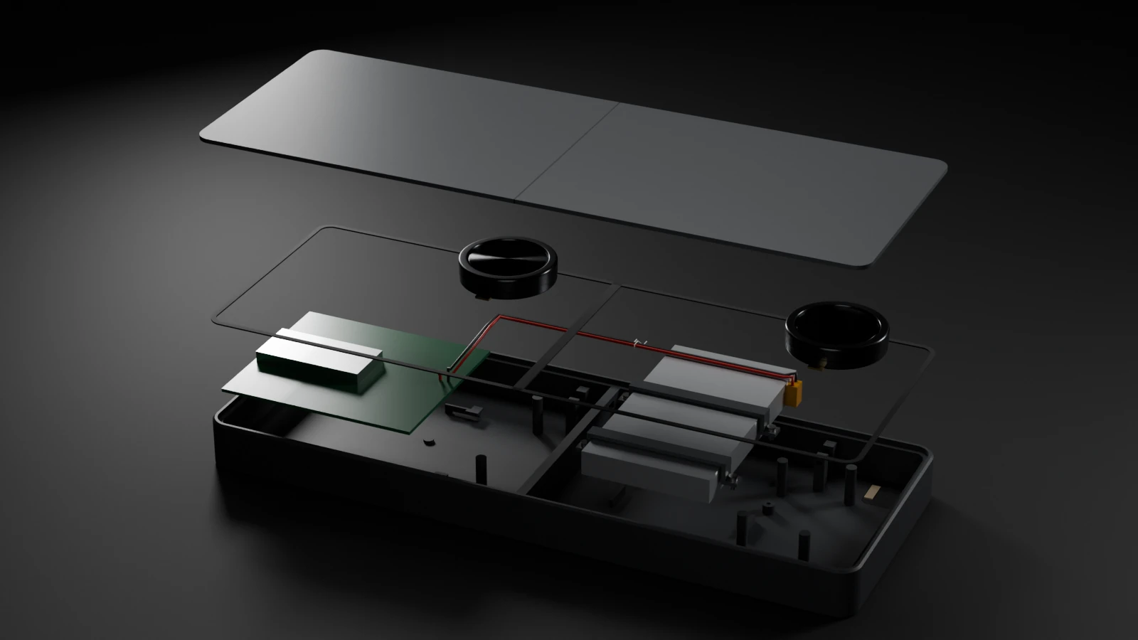 Exploded rendering of the pod, its two top panels lifted above the exciters
