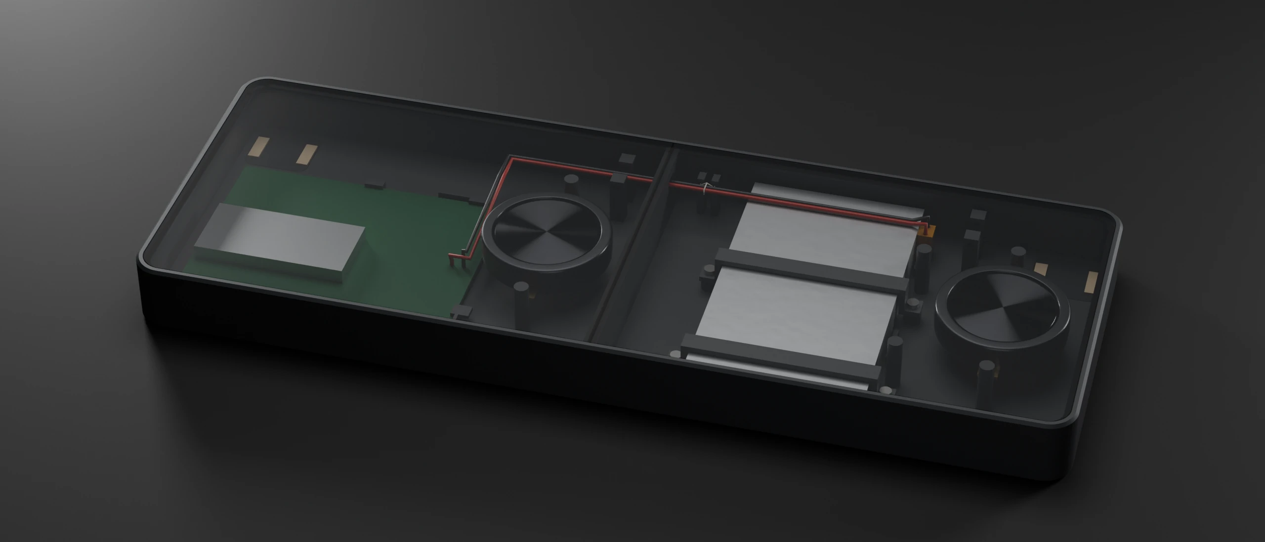 Rendering of the pod with its top panels removed, showing the left and right exciters